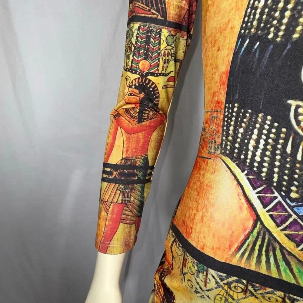 Cleopatra Egyptian Goddess Bodycon Dress | Good Time USA | Vintage Print Long Sl